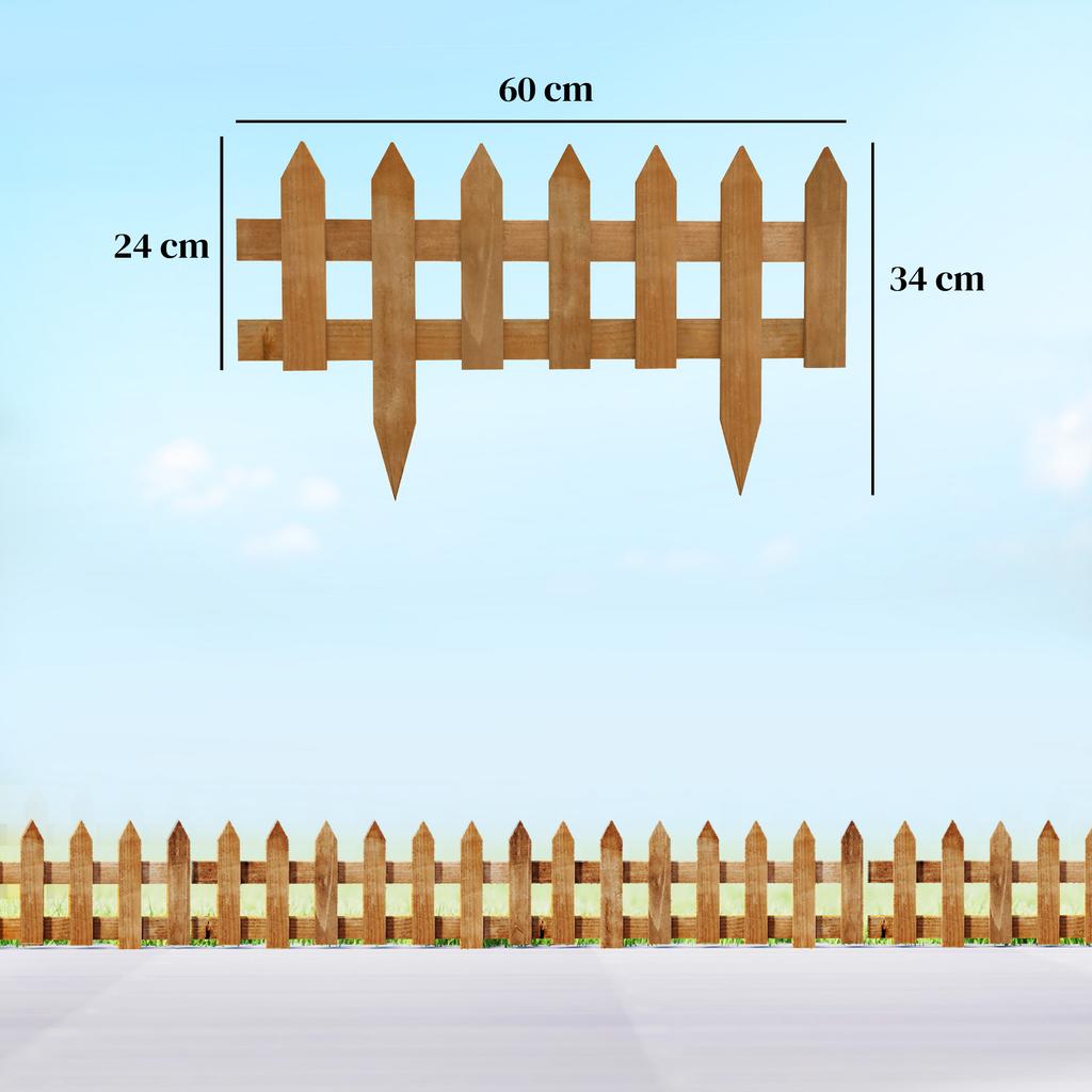Pack of 12 Wooden Border Fences, Garden Fixed Picket Fence for Lawn Edging, Flowerbed, 60L X 1D X 34H Cm, Brown