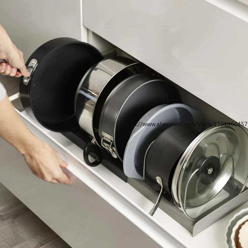Rozšiřitelný držák na hrnce a pánve, držák na kuchyňskou linku, spíž, organizér na pečicí nádobí se 6 nastavitelnými přihrádkami