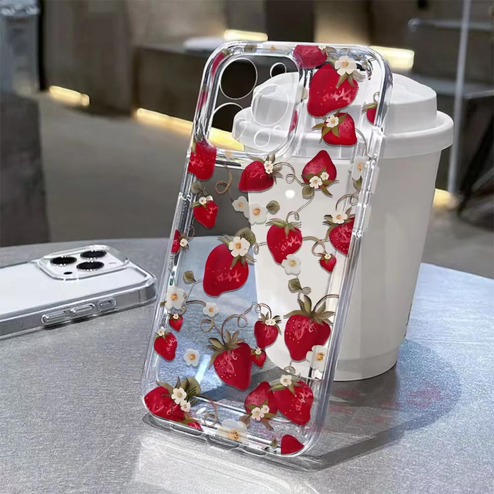 Strawberry Full Screen Y2k Phone Case For iPhone 16 15 14 13 12 11 Pro Max 7 8 Plus XR XS Max Shockproof Transparent Back Cover