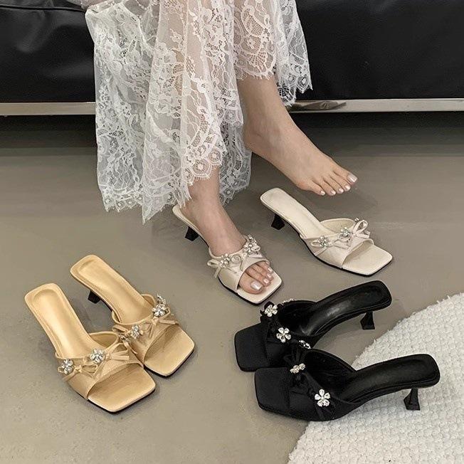 Fairy style with skirt, rhinestone sandals with slippers, square head, thin heel, sandals, women's high heels, soft sole tide