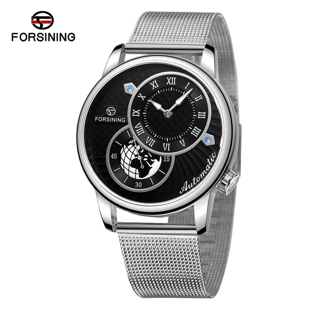 FORSINING Automatic Mechanical Wristwatch Military Sport Male Clock Luxury Golden Case Creative Dial Men Stainless Steel Mesh Strap Watch