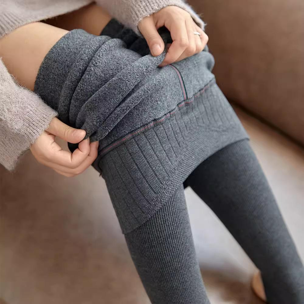 Women's Imitation Cashmere Plus Size Fleece Lined Thickened Ribbed High Waist One Piece Thermal Pantyhose Leggings with Hip Lifting Effect