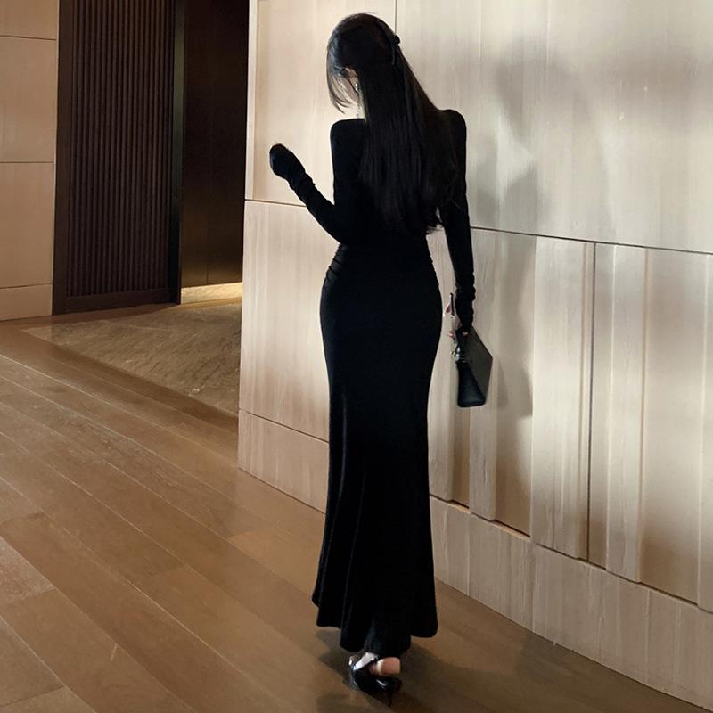 Rochie sexy neagră din dantelă, cu mânecă lungă, croială slim, model os de pește, pentru femei