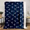 Nautical Navy Warm Blanket with White Anchor Pattern Flannel Blanket for Bedroom, Living Room, Sofa, and Nap.