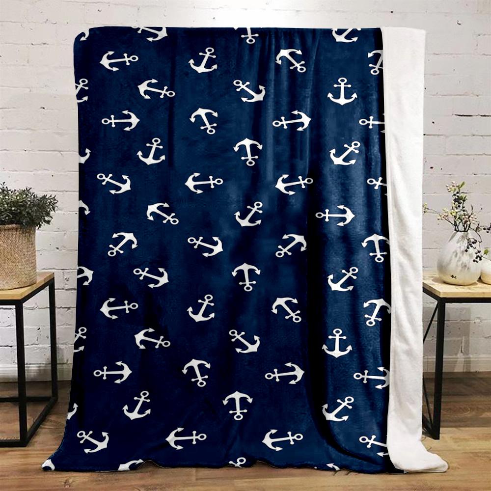 Nautical Navy Warm Blanket with White Anchor Pattern Flannel Blanket for Bedroom, Living Room, Sofa, and Nap.