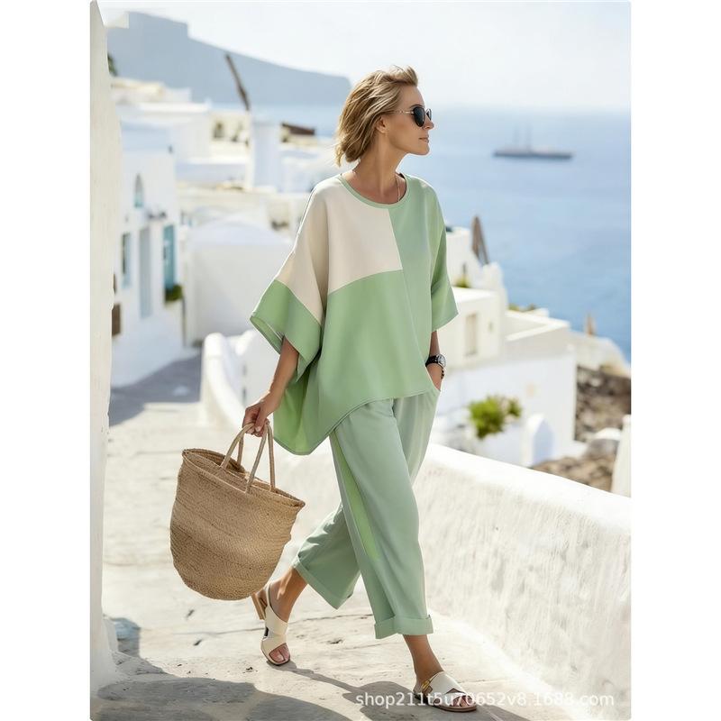 Women's casual two-piece set, loose vacation bohemian style independent sun rainbow print casual set for women