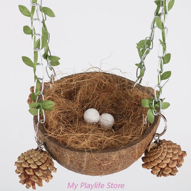Hanging Bird House Cage Coconut Bird Nest Parrots Hanging Bed Breeding Nesting Bird Swing Toy With Chewing Toy Bird Supplies