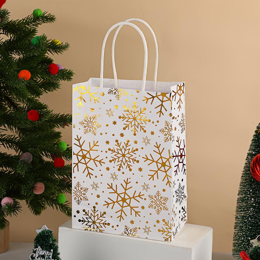 Christmas White Kraft Gift Bag with Gold Silver Snowflake, Bell, Christmas Tree, Reindeer Pattern Holiday Party Gift