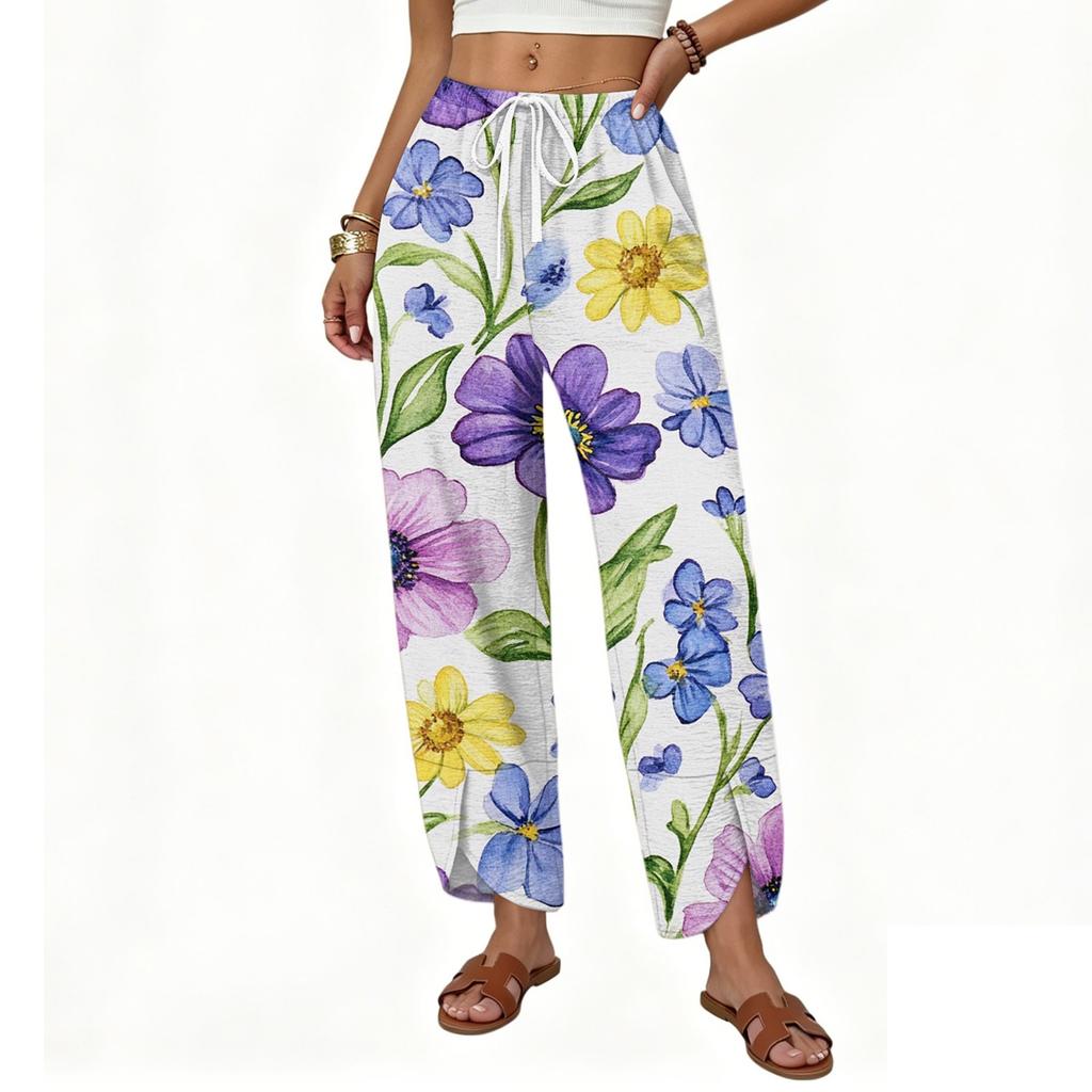 Women's Casual Loose Fit Wide Leg Drawstring Pants Floral Print Straight Cut Lightweight Trousers for Everyday Wear