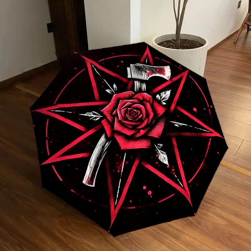 1pc Red Rose Pentagram Axe Symbol Umbrella with Plastic Handle,Suitable for All Seasons Home Travel Outdoor UmbrellaDD1025