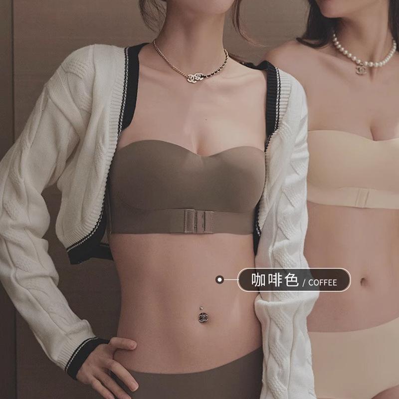 

Traceless women s thin summer gathering small breasts showing large non-slip tube top sling anti-sagging no steel ring bra 38/85ab through cup темно-коричневого кольору
