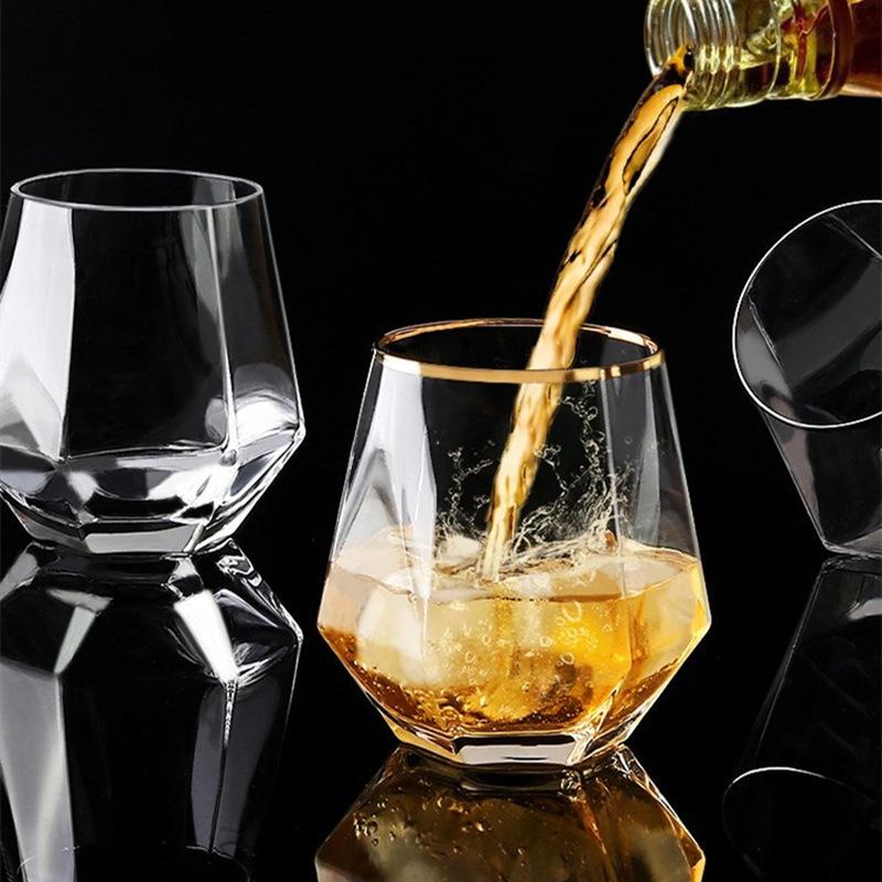 2pcs Set 11OZ Creative Stylish Rolling Golden Edged Glasses Transparent Hexagonal Glass for Home Bar Club Restaurant Water Cups