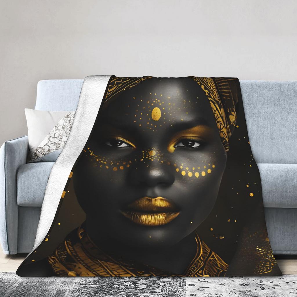 African Woman African Art Black And Gold Knitted Blankets Flannel Throw Blankets Bed Sofa Personalised Soft Warm Bedspreads,