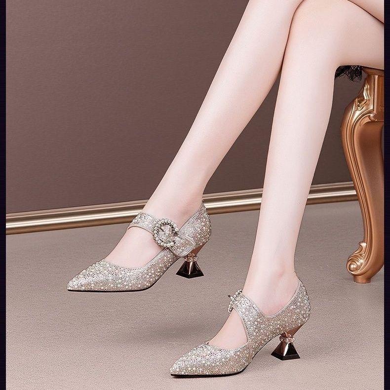2025 Women's Chunky Heel Pointed Toe High Heels with Pearl Rhinestone Buckle
