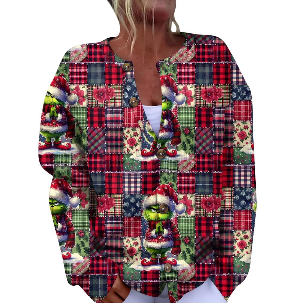 Women's Fashion Christmas Printed Long Sleeve Knitted Cardigan Button Down Jacket