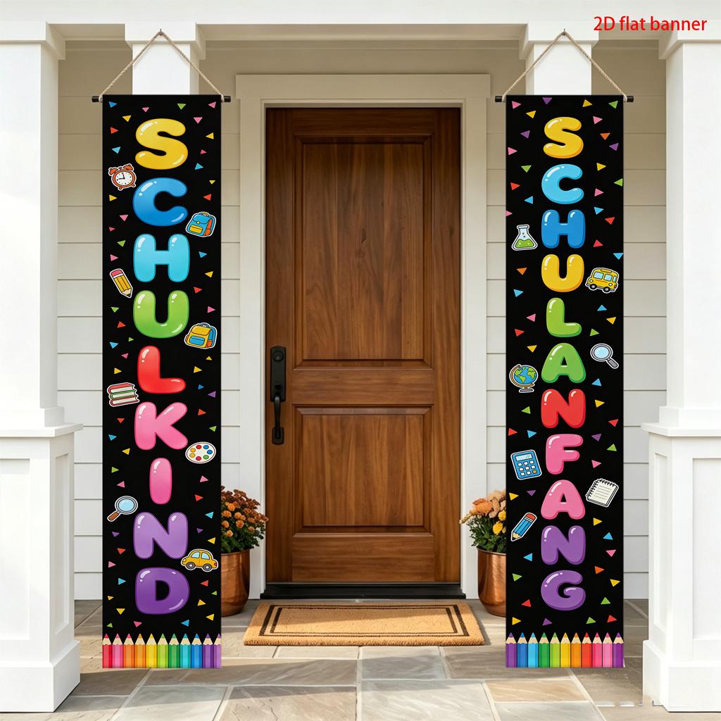 2D Flat, 2D Flat Banner, 2pcs, Back-to-School Season Campus Welcome Themed Couplet Door/Side Hanging Banner, Black Background with Colorful 3D Letters