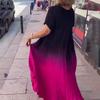 Summer Plus Size Gradient Maxi Dress for Women Loose Long V-neck Short Sleeve A-line Flowy Casual Dress
