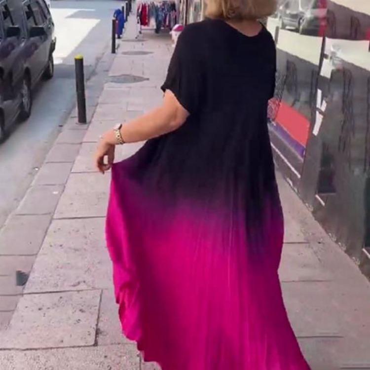 Summer Plus Size Gradient Maxi Dress for Women Loose Long V-neck Short Sleeve A-line Flowy Casual Dress