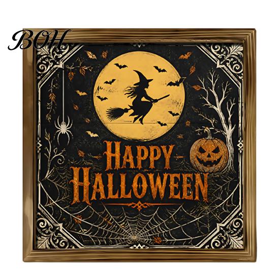 Halloween Wooden Tabletop Ornaments Framed Decor Sign, Happy Trick or Treat Printed Picture Frame, Small Entryway Displays Witch Castle Owl