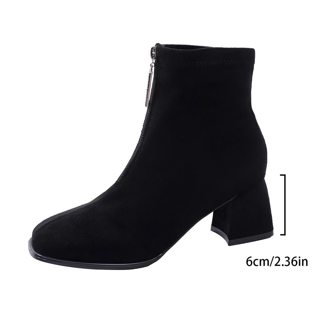 Fashion Aphixta Crystal Buckle Zipper Ankle Boots Women Big Size 43 Cow Suede Black Round Toe Heels Shoes 6cm High Heel Ankle Boot Woman