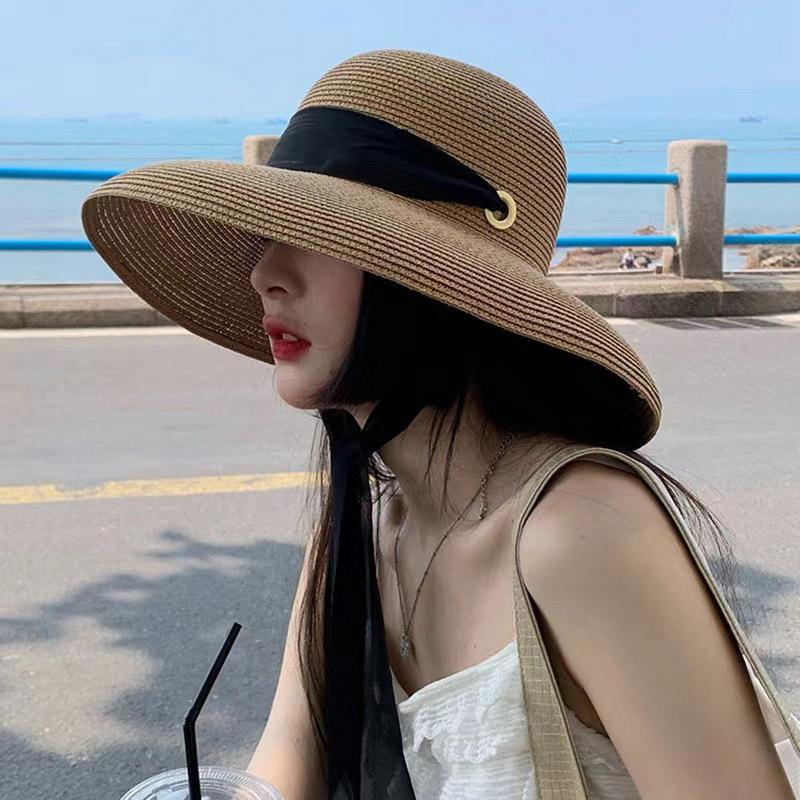 Freedom Outdoors Women's Beige Gemvie Elegant Wide Brim Straw Hat Summer Beach Paper Sun Hats With Long Black Ribbon 56-58Cm