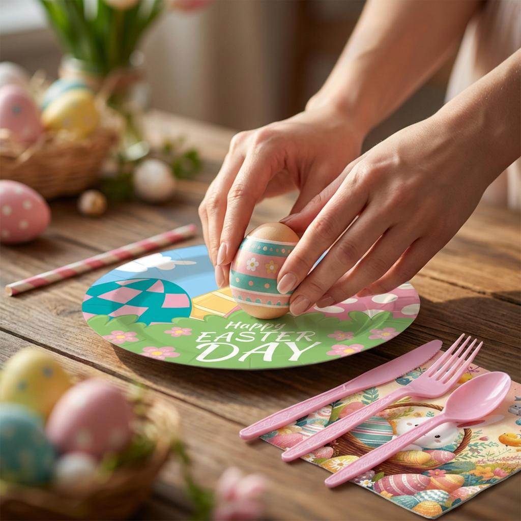Ostern-Thema Party Party Ostereier-Druck Einweg-Pappteller, Taschentuchbecher Tischgeschirr-Set