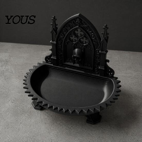 Dark Niche Desk Decor Church Carving Design Storage Box, Matte Black Desktop Organizer for Rings Gothic Home Ornament Bracelets Goth Decor, Style Tray