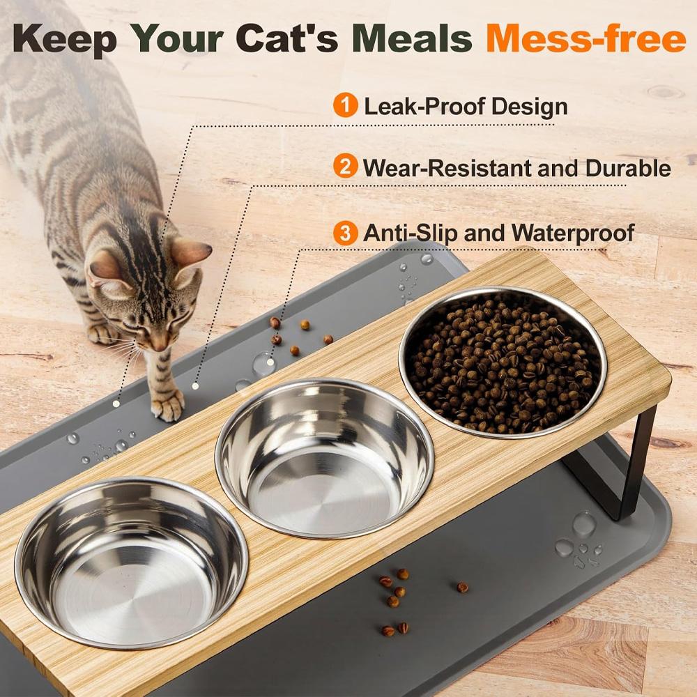 3 Bowls Cat Bowl Stand Iron Frame Elevated Pet Feeder Silicone Cat Bowl Mat Waterproof Anti-slip Pet Feeding Mat for Cats