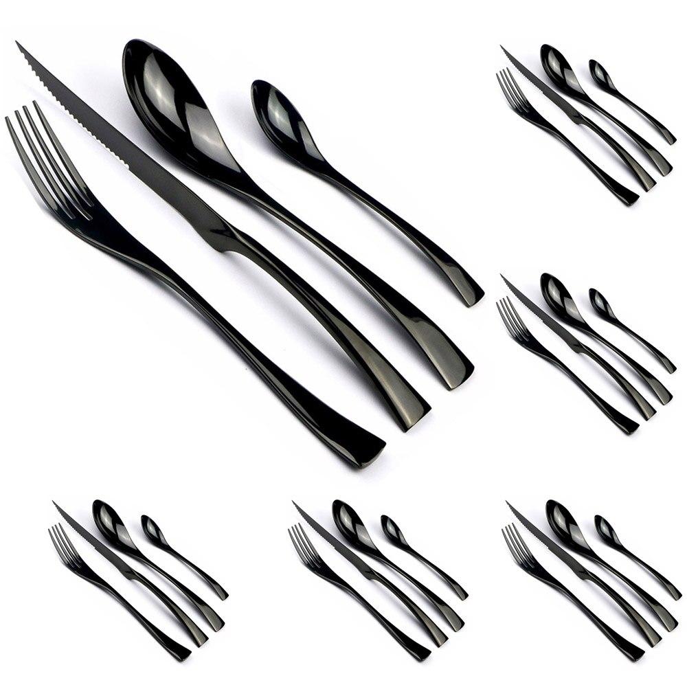 

24 шт. серебряная посуда из нержавеющей стали 304, серебряная посуда, вилка, нож для стейка, ложка, столовые приборы, безопасный для посудомоечной машины, роскошный набор столовых приборов, подарок чёрный