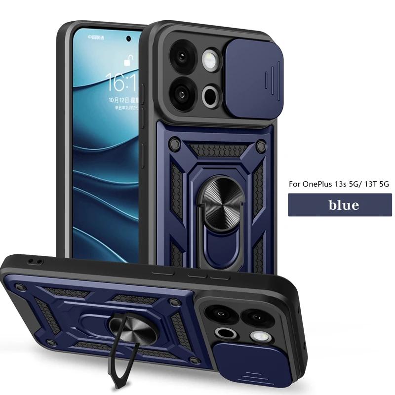 

Противоударный бронированный жесткий чехол 13T для Oneplus 13T 13S 5G матовый чехол со сдвижной защитой камеры, подставкой и кольцом-держателем, пластиковый чехол For Oneplus 13T синий
