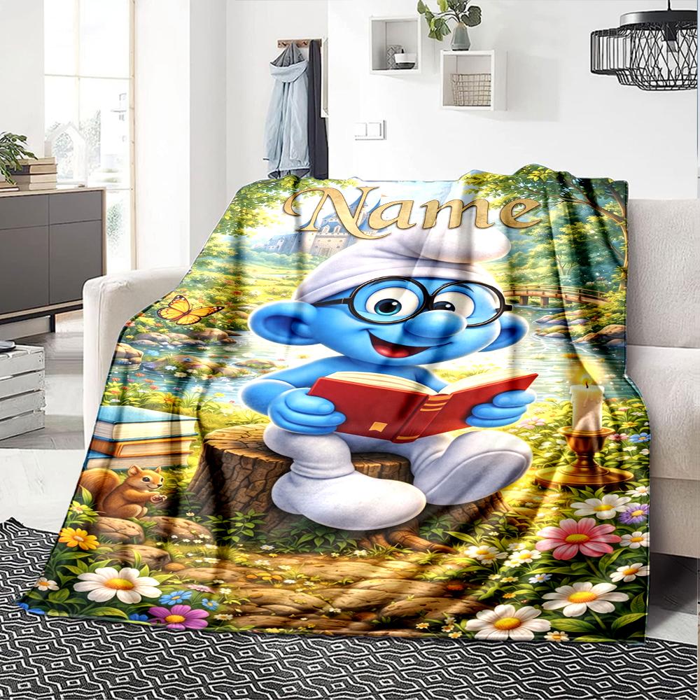 Custom Name Smurfs Theme Printed Blanket Perfect For Couch Bed Travel Outdoor Use Machine Washable Cozy Durable