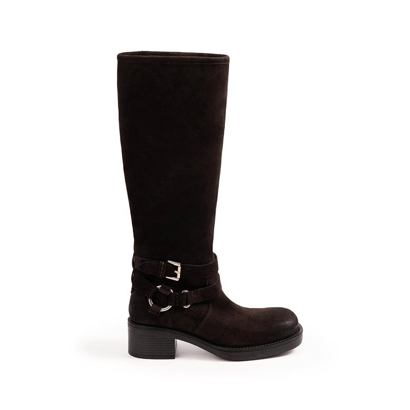 

Thick heel heightening long leg artifact square round head belt buckle long knight boots 40 коричневий
