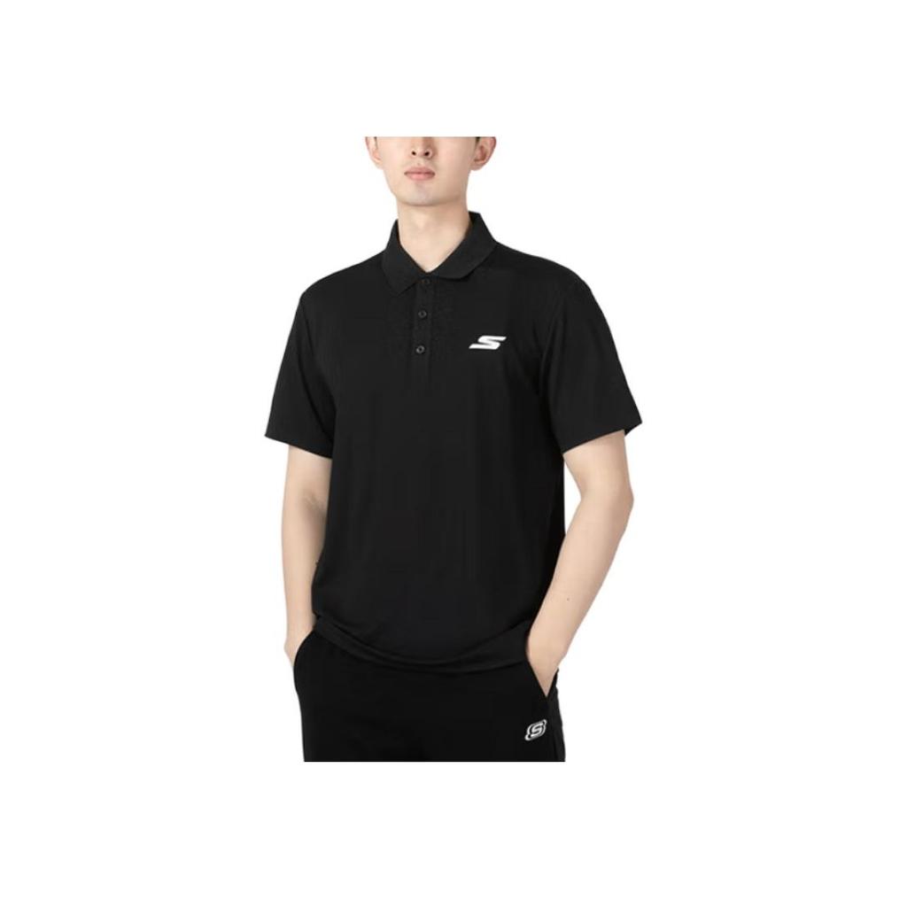 Skechers Solid Color Letter Print Short Sleeve Polo Shirt Men Tops Black P122M053-0018