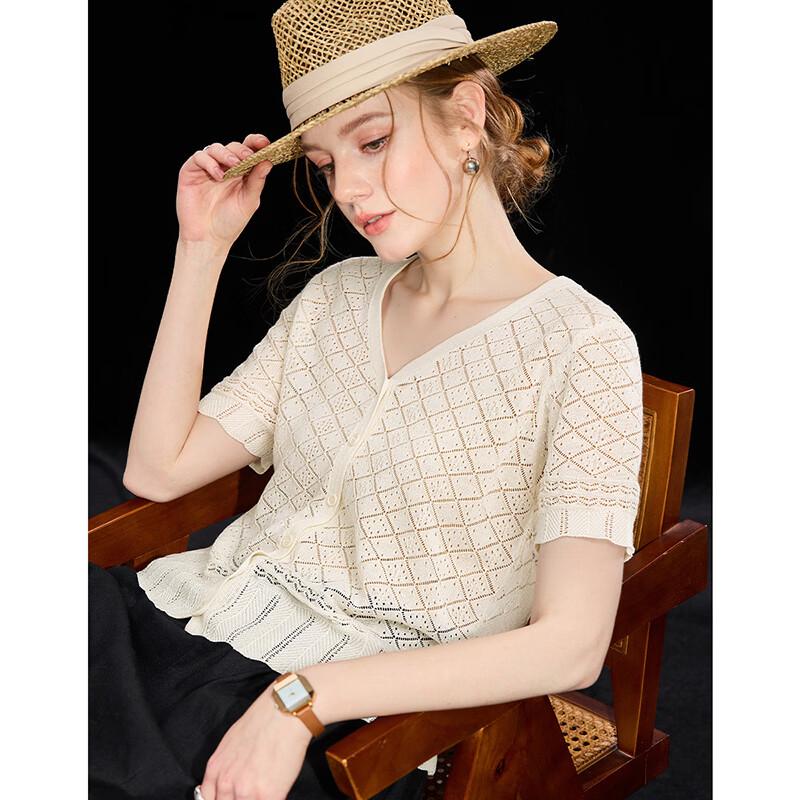Wudao Women's V-Neck Linen Blend Knit Short Sleeve Top