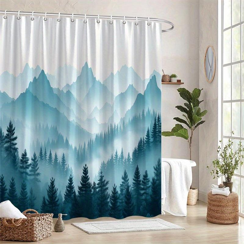 1 Realistischer Berglandschaft Duschvorhang - Kiefern, neblig blaue Berge Design, Polyestergewebe, maschinenwaschbar