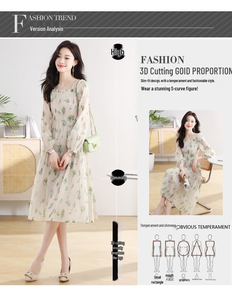 Elegant French Floral Print Puff Sleeve Dress: Spring & Autumn Waist-Cinching Long Skirt