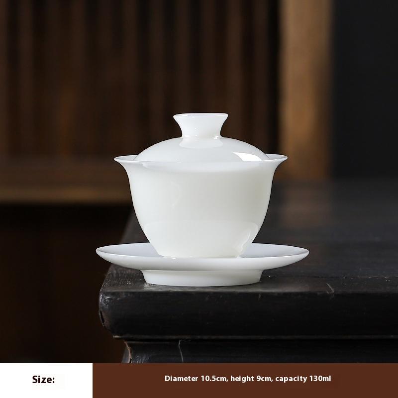Pure Jade White Porcelain Tea Bowl Ceramic Sheep Fat Jade Three Talents Lid Bowl Gaiwan