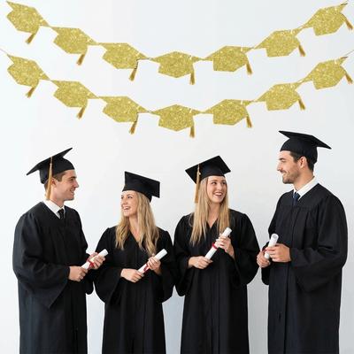 2Pcs Reusable Graduation Party Banner with Tassels Shining Bachelor Hat Banner Glitter Decor Durable Paper Pull Flag Wall Decor