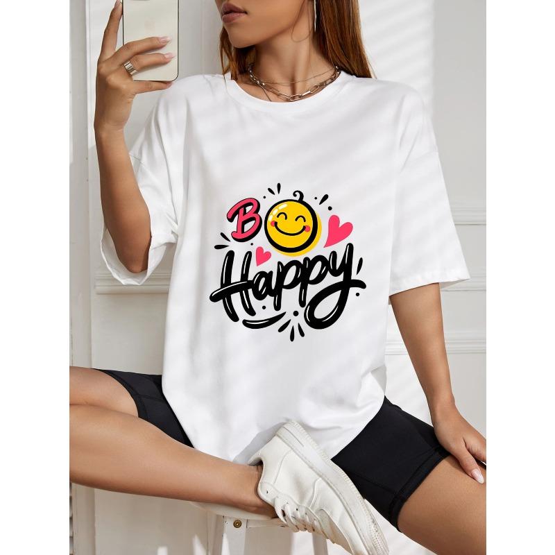 Weißes T-Shirt mit Be Happy Smile-Gesicht und Herz-Print für Freizeitkleidung
