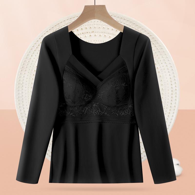 

Женский бархатный кружевной бесшовный топ с длинными рукавами и встроенной накладкой на грудь 3XL чёрный