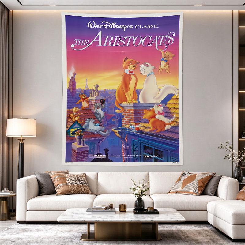 The Aristocats classic Disney poster shows Duchess and O'Malley on Paris rooftops at sunset, pink orange sky, charming vintage Room Decor Accent