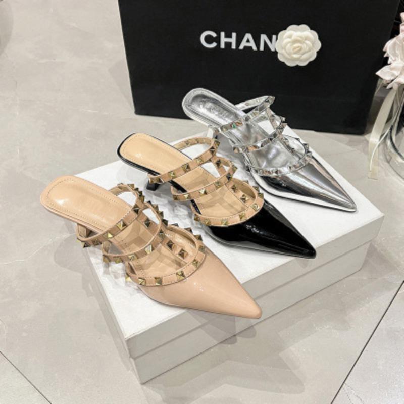 Pointed Half-tow Silver High Heels Autumn New Style Fine Heel Rivet Bag Head High Heel Slippers