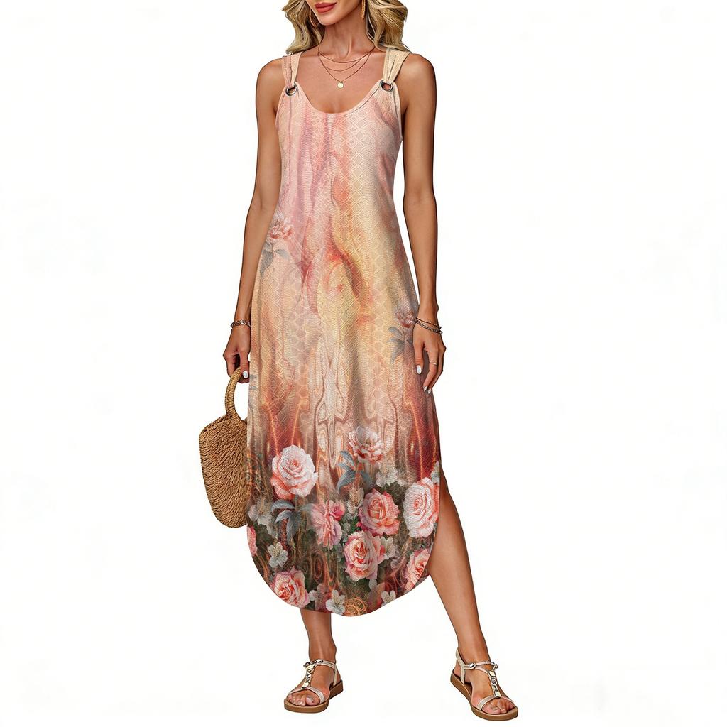 Women's summer long dress, sleeveless with side slits, long retro printed camisole dress