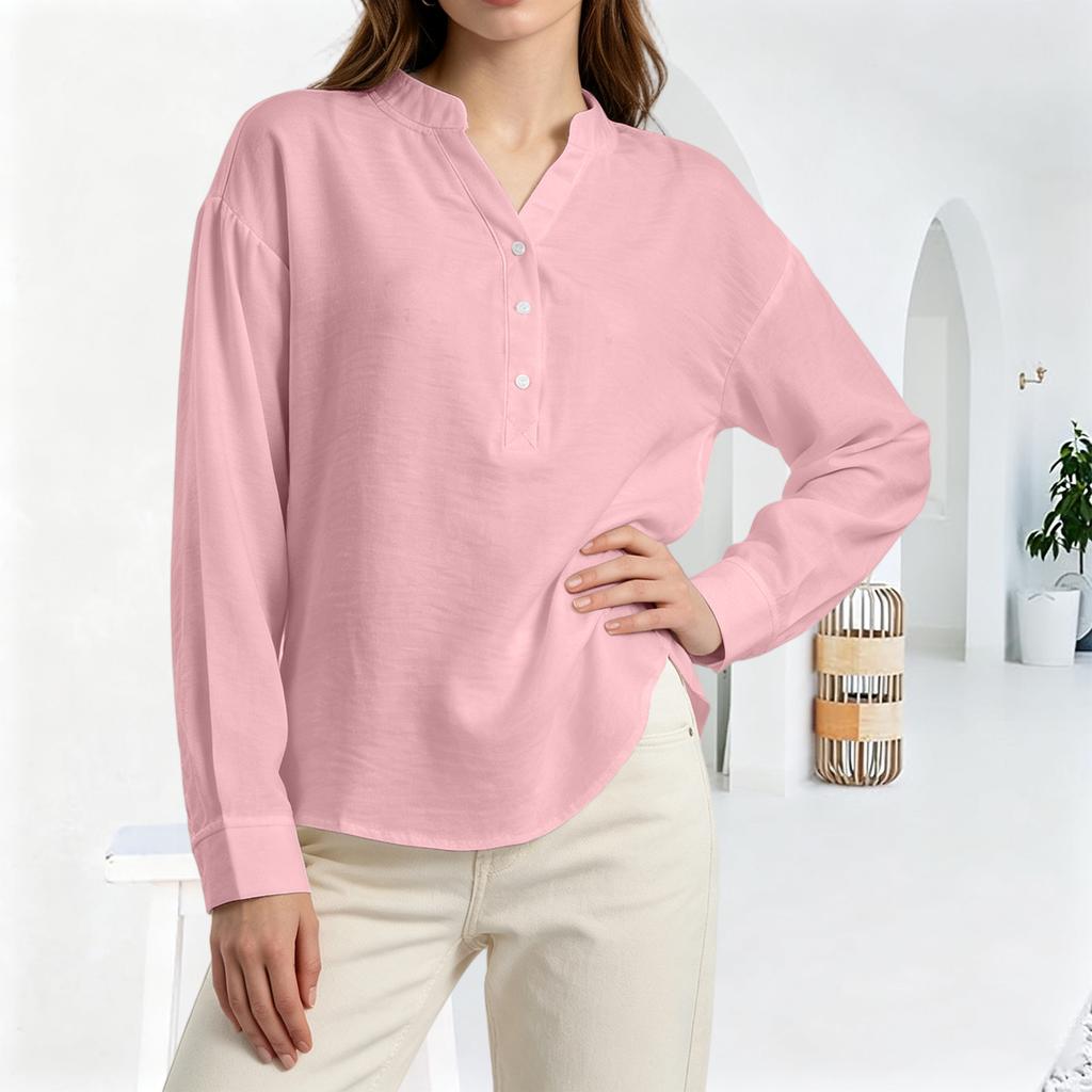 Women's Fashion Casual Loose Pleated Button-Up Long Sleeve  Color Pullover Shirt Top