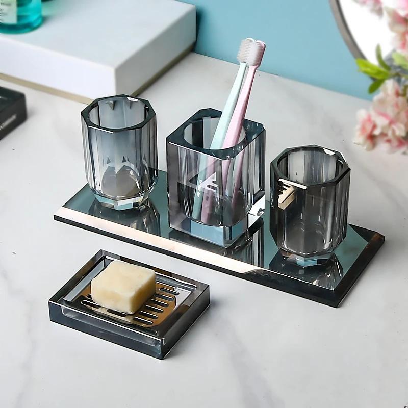 European Grey Crystal Glass Lotion Bottle Mouthwash Cup Toothbrush Shelf Bathroom Accessories Luxury Crystal Toothbrush Shelf