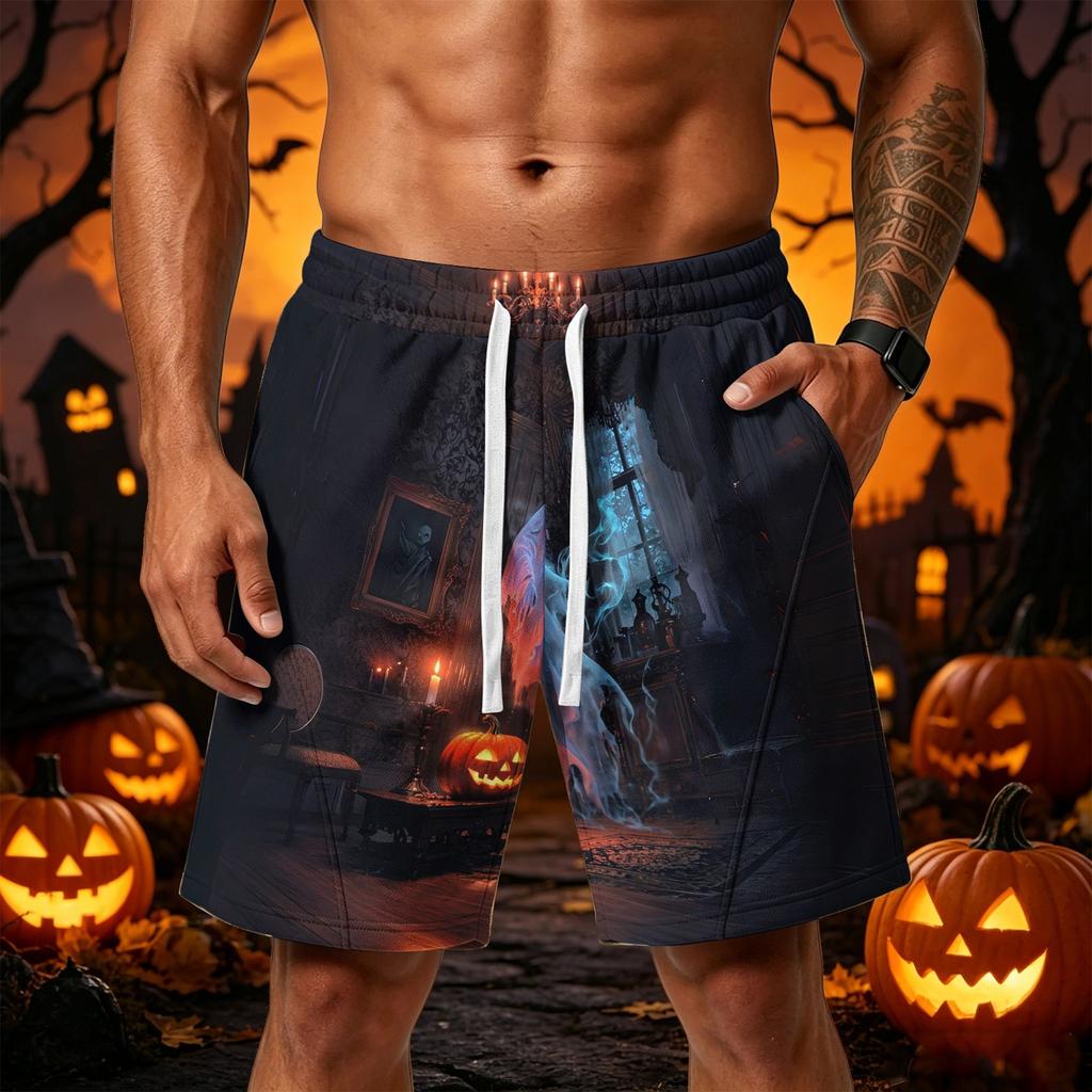 Men's Loose Fit Halloween Themed Athletic Shorts with Multiple Pockets Adjustable Drawstring Waistband Comfortable Sport Shorts