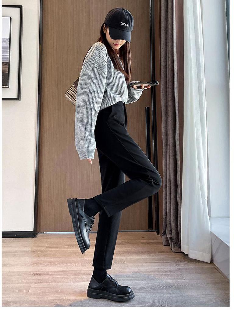 Women's Black High-Waisted Fleece-Lined Slim-Fit Suit Pants for Autumn/Winter - Casual Straight-Leg Formal Wear