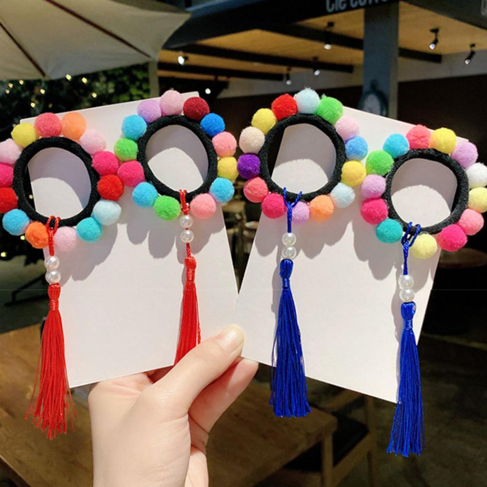 1 Pair of  Hair Band  Cloth  Tassel   Colorful Ball  Plush  Retro Style  Hair Band