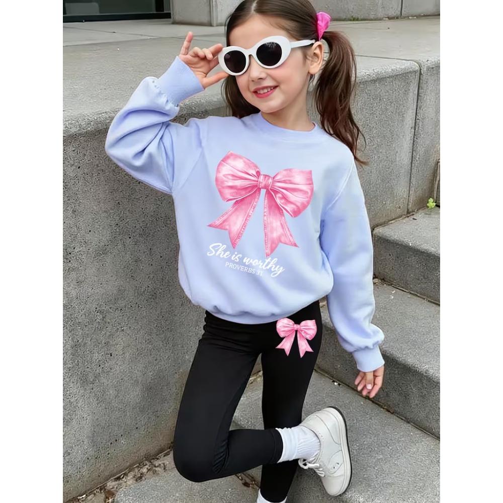 Girls' Sweet Bow Print Casual Comfortable Soft Loose Pullover Sweatshirt and Leggings 2-Piece Set, New Autumn/Winter, Playful, Sweet and Cool Style