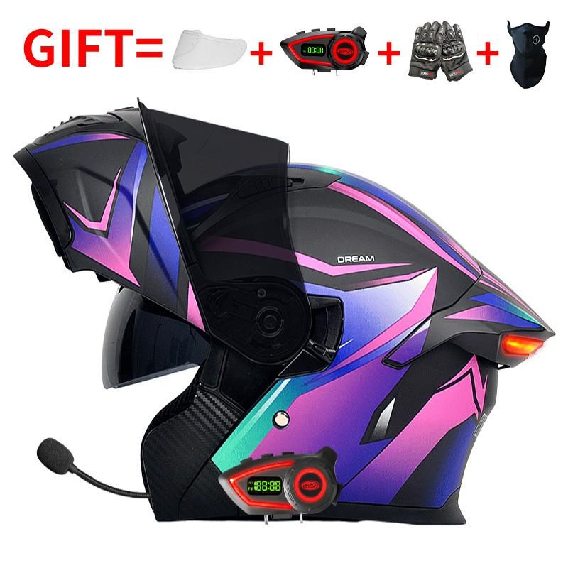 Bluetooth Smart Tail Light Motorcycle Flip-Up Helmet Men Women All Season Full Face Off-Road Riding